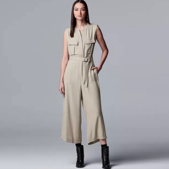 SAFARI CUTE! NWT Vera Wang beige/tan wide-leg, sleeveless, jumpsuit w/POCKETS! - Picture 1 of 14